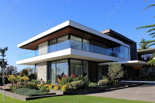 Modern Luxury Home with Glass Balcony and Landscaping.