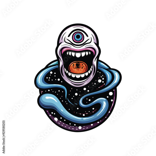 A cosmic space monster with a body covered in stars, one large eye, and a gaping mouth.