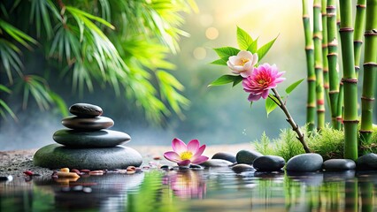 Deken met foto Zen Zen tuin bamboe stenen bloemen en water  © PloyJai