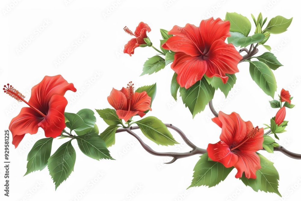 Red Hibiscus Flowers with Green Leaves on a Branch. Red Hibiscus Flowers with Green Leaves on a Branch.