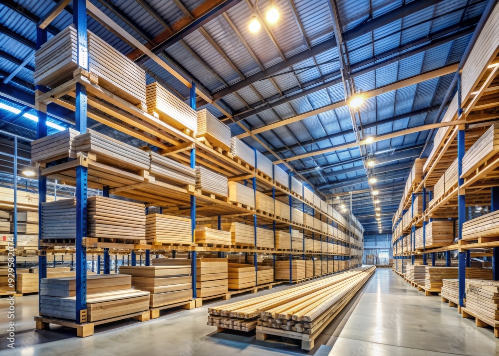 Rows of neatly organized stacks of wooden boards and metal bars fill a large warehouse, illuminated by overhead lighting, with shelves stretching towards the ceiling. Rows of neatly organized stacks of wooden boards and metal bars fill a large warehouse, illuminated by overhead lighting, with shelves stretching towards the ceiling.