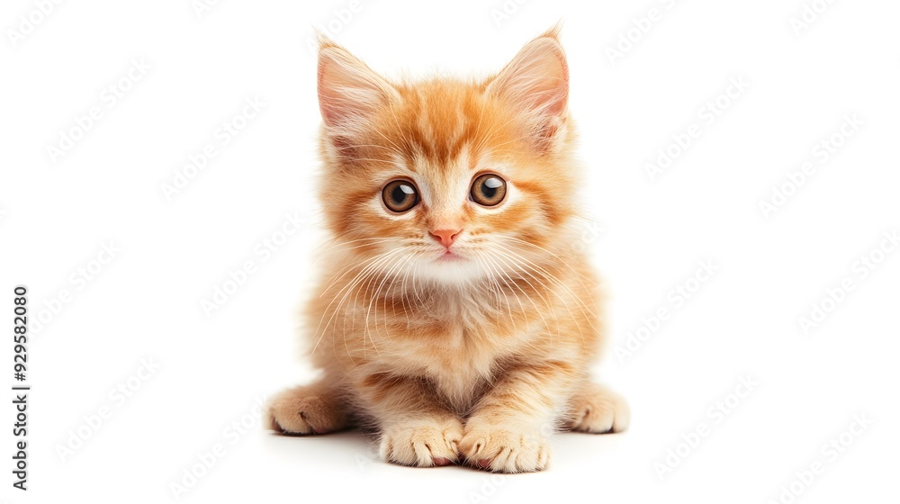 Fluffy kitten sitting with its paws tucked under its body on a blank white background Fluffy kitten sitting with its paws tucked under its body on a blank white background