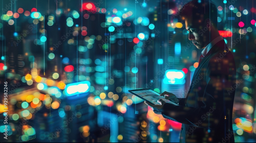Naklejka premium Businessman Analyzing Data in a Cityscape