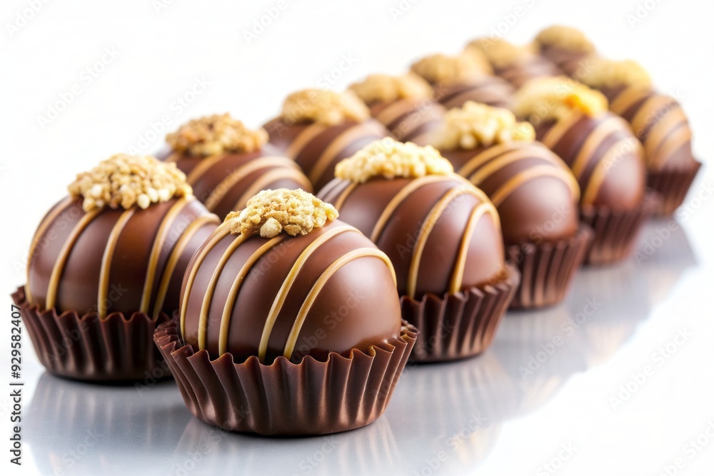 Delicious chocolate treats with creamy golden filling, carefully arranged in a neat row, isolated on a clean white background, waiting to be devoured. Delicious chocolate treats with creamy golden filling, carefully arranged in a neat row, isolated on a clean white background, waiting to be devoured.