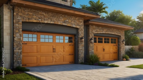 A stunning close-up of a modern garage door design with classic look, bright sunny day 