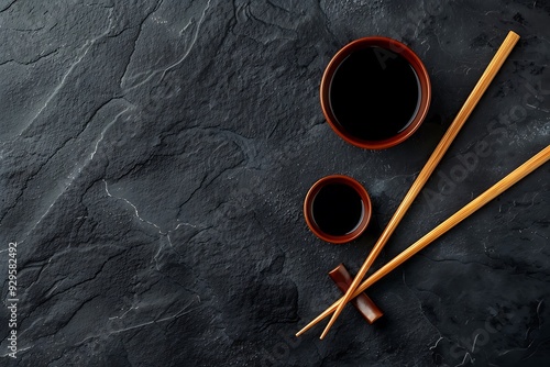 Japanese soy sauce bowl and sushi chopsticks on black background with, Top view