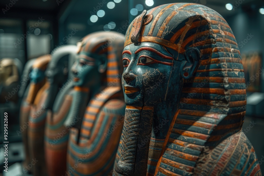 Fototapeta premium Ancient Egyptian statues displayed in a museum setting