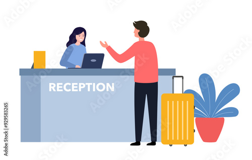 Hotel reception vector illustration. Tourist or traveller man standing at desk in lobby room interior. Guest talking with receptionist, registration hotel service.
