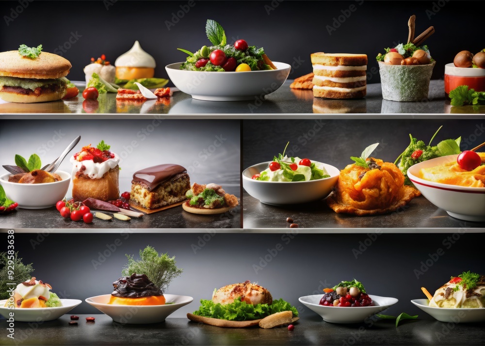 Delicious culinary delights showcased on a sleek, modern banner, featuring juicy entrees, crisp salads, and decadent desserts, perfect for luxury restaurant social media advertisements. Delicious culinary delights showcased on a sleek, modern banner, featuring juicy entrees, crisp salads, and decadent desserts, perfect for luxury restaurant social media advertisements.