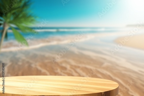 Wooden table with tropical sea landscape background