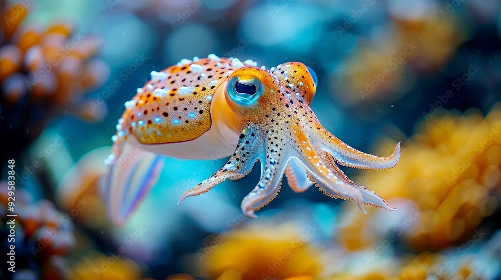 Close-up of a Colorful Spotted Squid Swimming in Blue Water Close-up of a Colorful Spotted Squid Swimming in Blue Water
