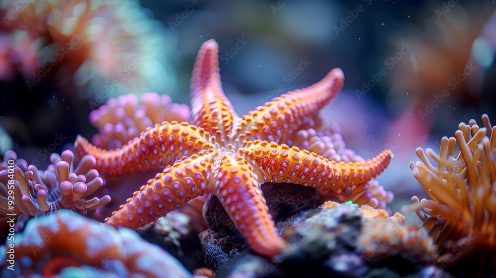 Orange Starfish with Purple Spots on Coral Reef Orange Starfish with Purple Spots on Coral Reef