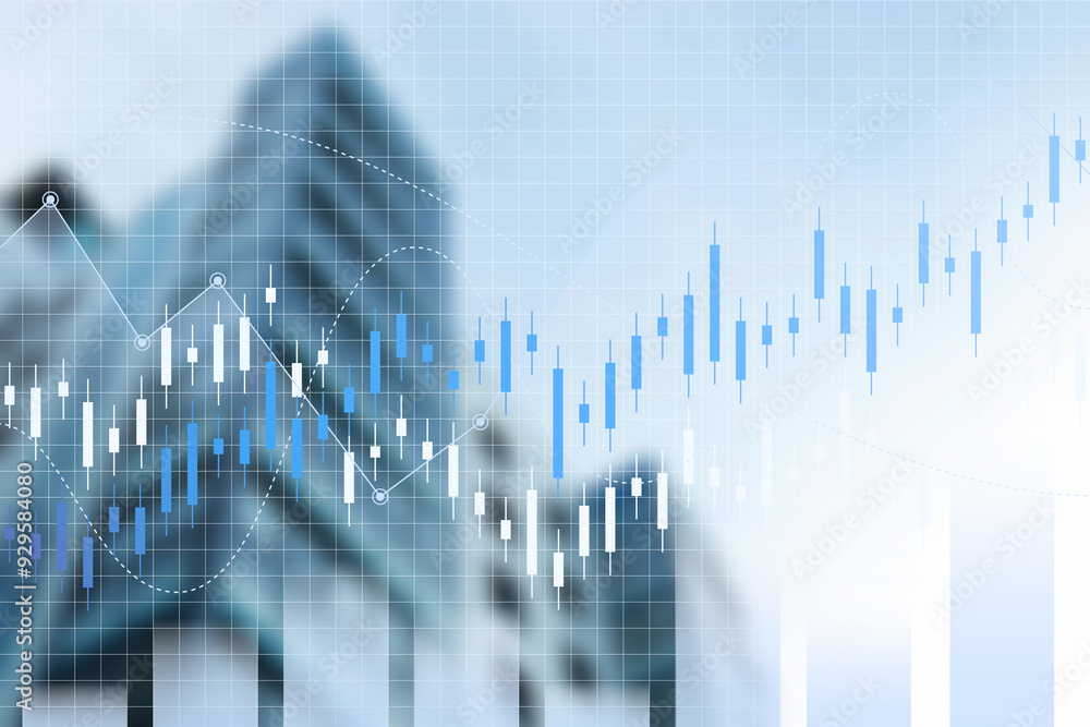 Double exposure of abstract financial graph with world map on office buildings background, forex and investment concept Double exposure of abstract financial graph with world map on office buildings background, forex and investment concept