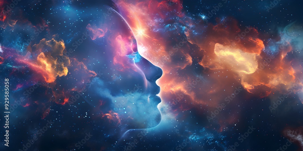 Obraz premium Human mind abstract space science head background. Brain face sky idea universe thought psychology