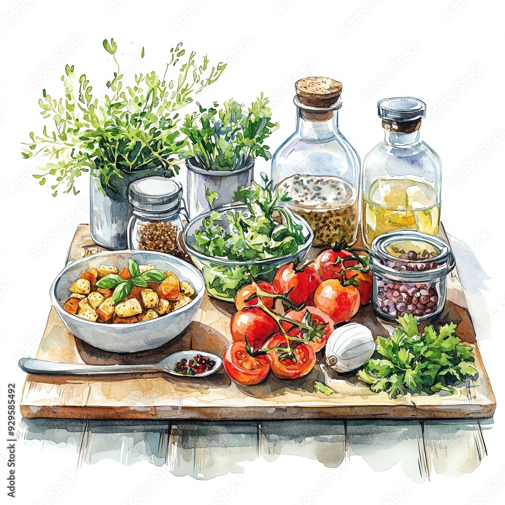 A vibrant collection of fresh herbs, vegetables, and ingredients on a wooden cutting board, perfect for cooking and healthy meals. A vibrant collection of fresh herbs, vegetables, and ingredients on a wooden cutting board, perfect for cooking and healthy meals.