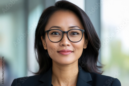 Indonesian businesswoman wearing suit and glasses serious work at office