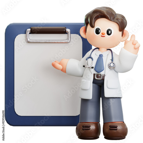 Doctor Show Clipboard for medical report or prescription, medical insurance and diagnostics of a diseases, 3D cute cartoon character. Smiling male doctor with stethoscope. Concept of science, medical,