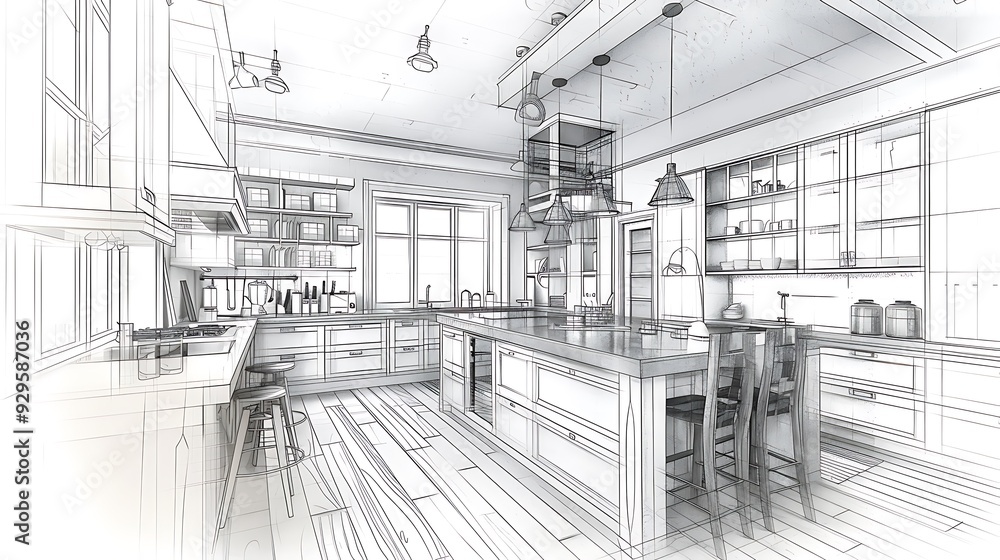 Combination of photo and sketch of stylish kitchen interior with modern furniture, side view Combination of photo and sketch of stylish kitchen interior with modern furniture, side view