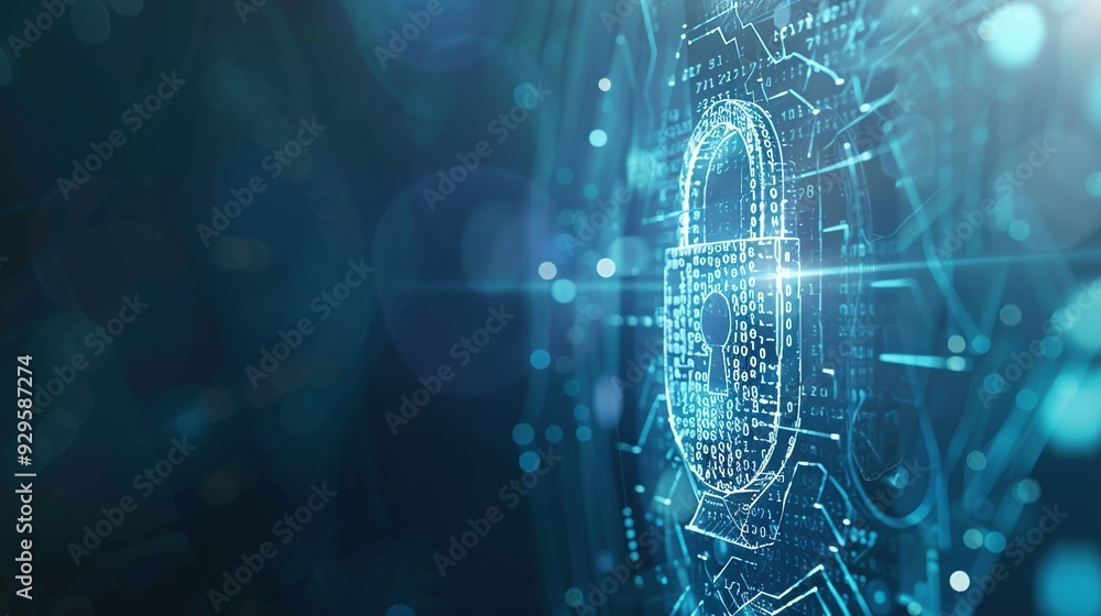Abstract digital padlock with glowing lines and binary code on blue background Abstract digital padlock with glowing lines and binary code on blue background