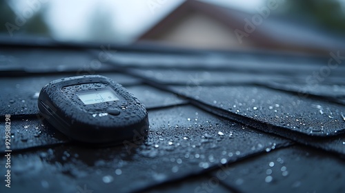 A close-up of a moisture meter being used on a shingle roof, detecting underlying water infiltration due to hidden hail damage photo