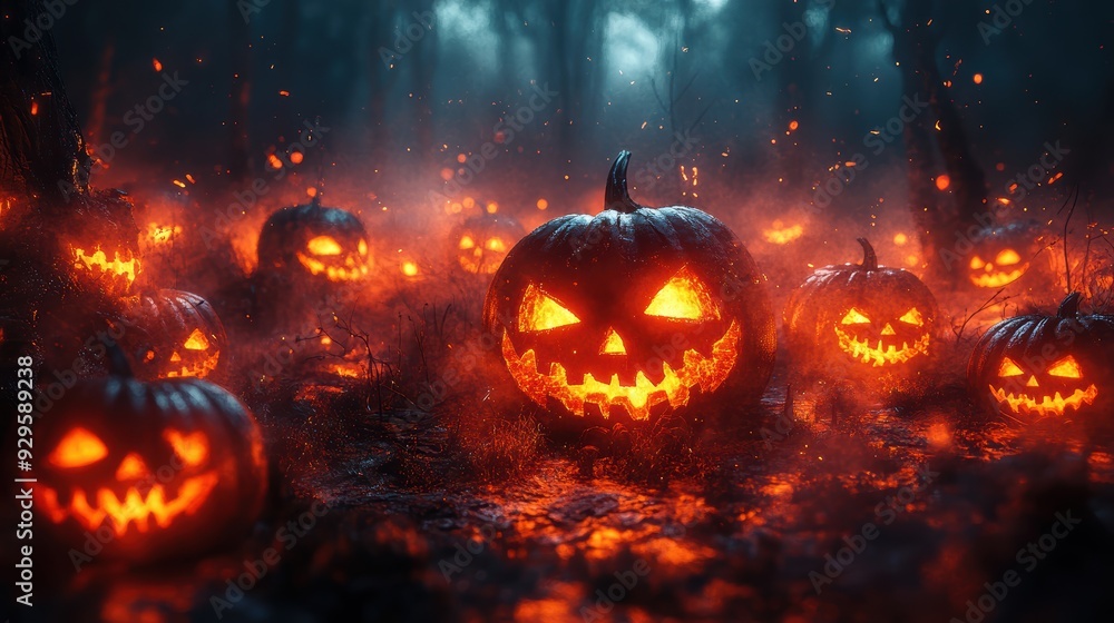 Fototapeta premium Spooky Halloween Pumpkin Patch with Glowing Jack-O'-Lanterns in a Dark Forest Setting, Perfect for Halloween-Themed Designs, Decorations, and Festive Celebrations