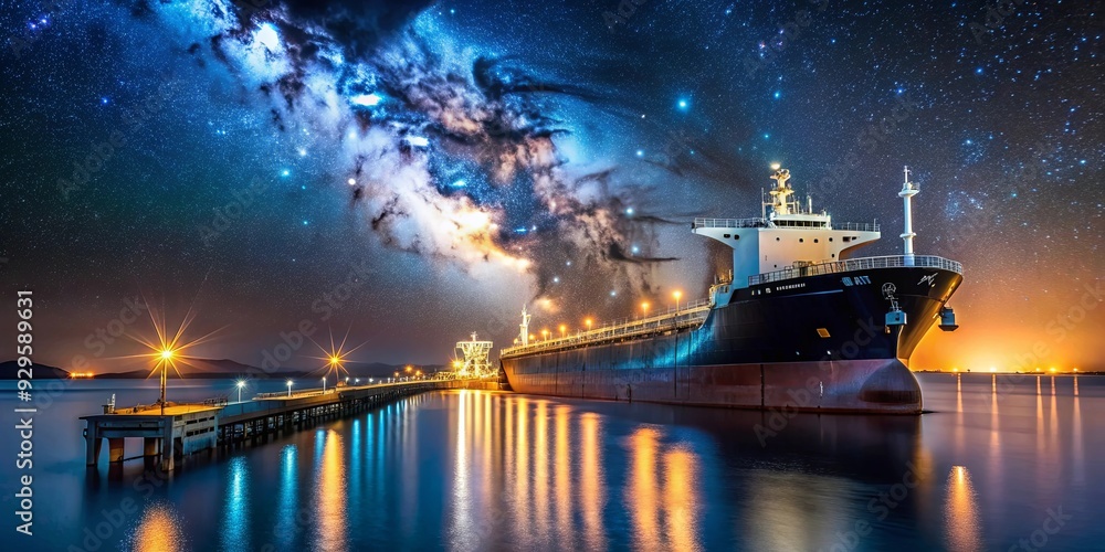 Oil tanker docked at night in offshore dock with beautiful stars in the sky Oil tanker docked at night in offshore dock with beautiful stars in the sky