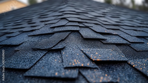 A roof with hail-damaged shingles, set in a region prone to sudden temperature shifts, with storm clouds in the distance, symbolizing climate-driven destruction photo