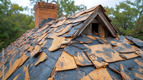 A roof with hail-damaged shingles, set in a region prone to sudden temperature shifts, with storm clouds in the distance, symbolizing climate-driven destruction photo