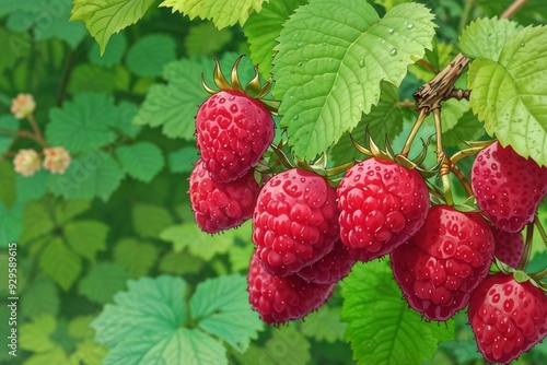 Fresh ripe raspberries growing on a plant, perfect for food, nature, or gardening-themed designs and projects. 