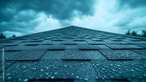 A roof with hail-damaged shingles, set in a region prone to sudden temperature shifts, with storm clouds in the distance, symbolizing climate-driven destruction photo