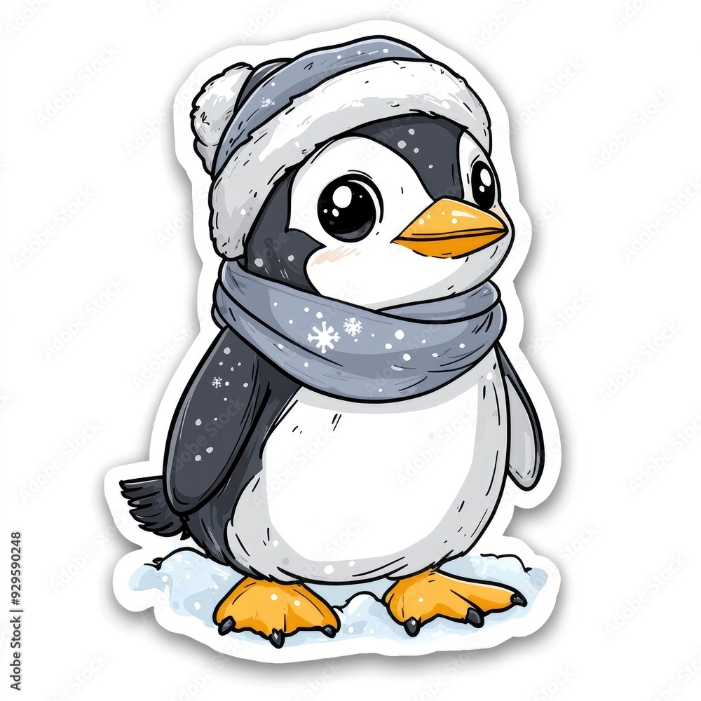 Obraz premium Cute Penguin Wearing Winter Hat and Scarf