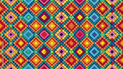 Vibrant retro-style digital design featuring repeating squares in bright colors, reminiscent of classic video games, perfect for backgrounds and textures in modern designs.