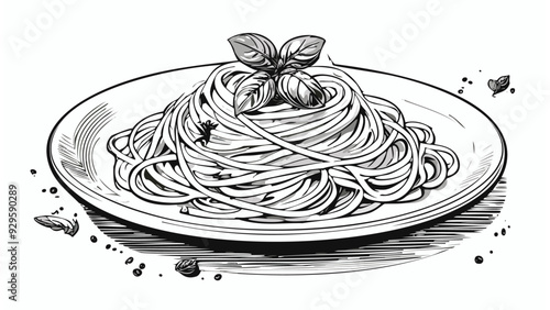 Spaghetti Italian Pasta Sketch Style - Noodle Plate Dish Carbonara Food Drawn Linguine Culinary Lunch Italy
