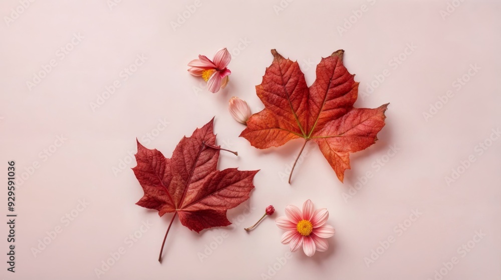 Two autumn leaves and small flowers arranged on a soft pink background, creating a minimalistic and seasonal composition.. Two autumn leaves and small flowers arranged on a soft pink background, creating a minimalistic and seasonal composition..