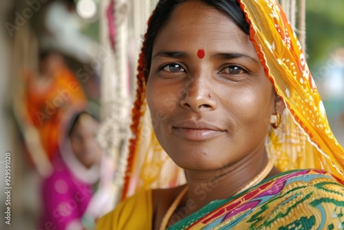 Traditional Indian Woman in Vibrant Saree with Bindu photo