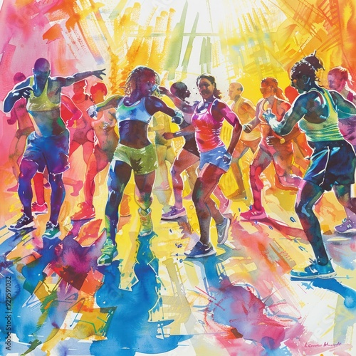 Wallpaper Mural Dynamic watercolor painting of a fitness routine with diverse people in a bright Torontodigital.ca