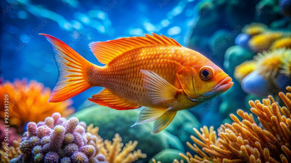 Vibrant orange fish with iridescent scales and flowing fins swims majestically in crystal-clear turquoise water surrounded by delicate seaweed and coral reef formations. Vibrant orange fish with iridescent scales and flowing fins swims majestically in crystal-clear turquoise water surrounded by delicate seaweed and coral reef formations.