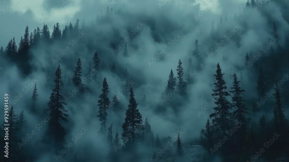 A misty forest landscape shrouded in fog, creating an eerie and tranquil atmosphere. A misty forest landscape shrouded in fog, creating an eerie and tranquil atmosphere.