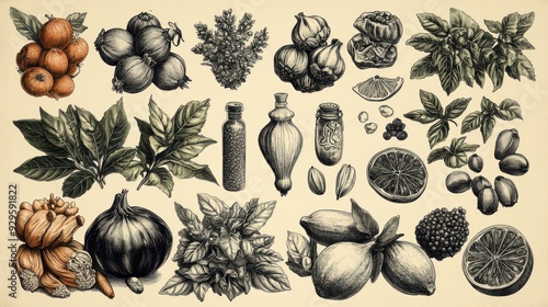 Hand-Drawn Botanical Illustration of Herbs and Fruits