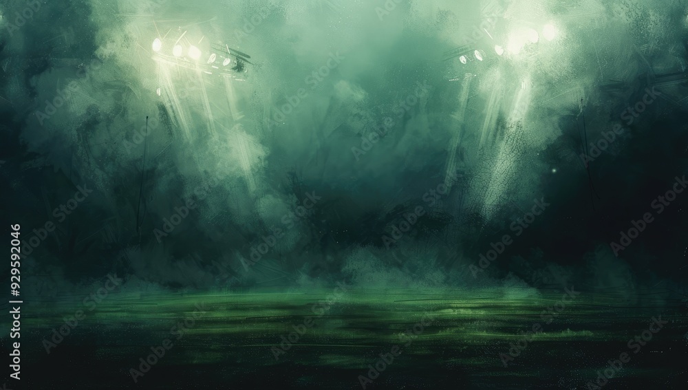 Fototapeta premium Stadium Lights Illuminating Green Grass, Watercolor Illustration Against Dark Background