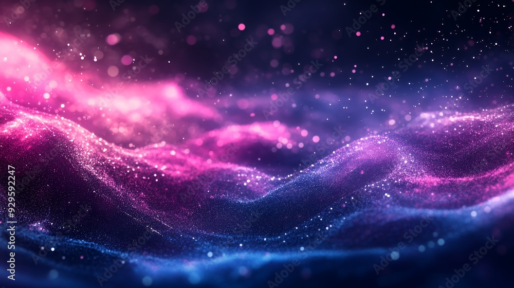 A vibrant abstract representation of waves with sparkling particles in a cosmic color palette. A vibrant abstract representation of waves with sparkling particles in a cosmic color palette.