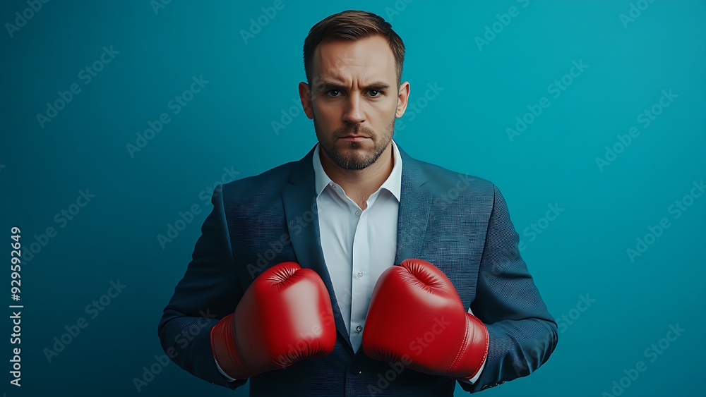 Business man ready to fight with boxing gloves isolated on blue background. Business man ready to fight with boxing gloves isolated on blue background.