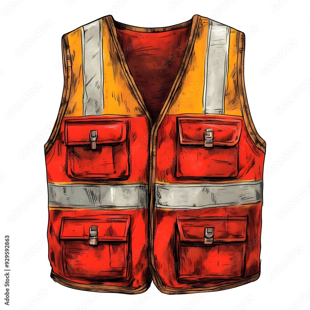 Fototapeta premium Vibrant and Protective Construction Site Safety Vest with Pockets and Reflective Stripes