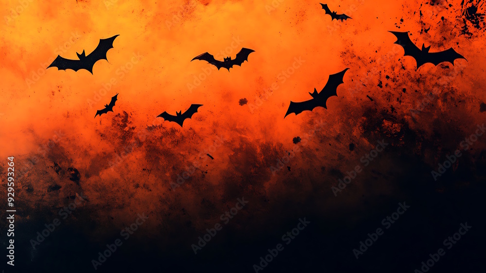 Halloween background with a swarm of bats in an orange sky. Halloween background with a swarm of bats in an orange sky.