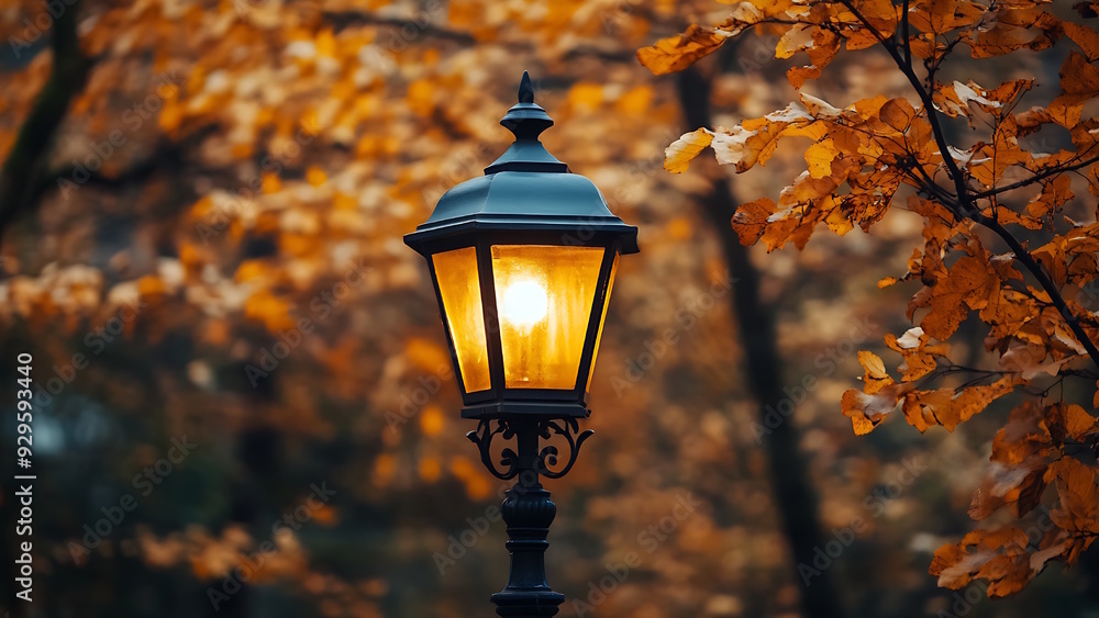 Naklejka premium Beautiful Autumn Landscape With Old Fashion Lamp, Vintage Street Light.