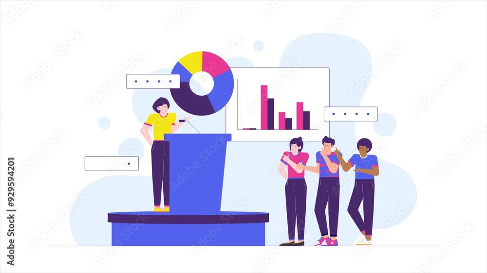 Presentation with graphs and engaged audience in modern office setting illustration business animated video Presentation with graphs and engaged audience in modern office setting illustration business animated video
