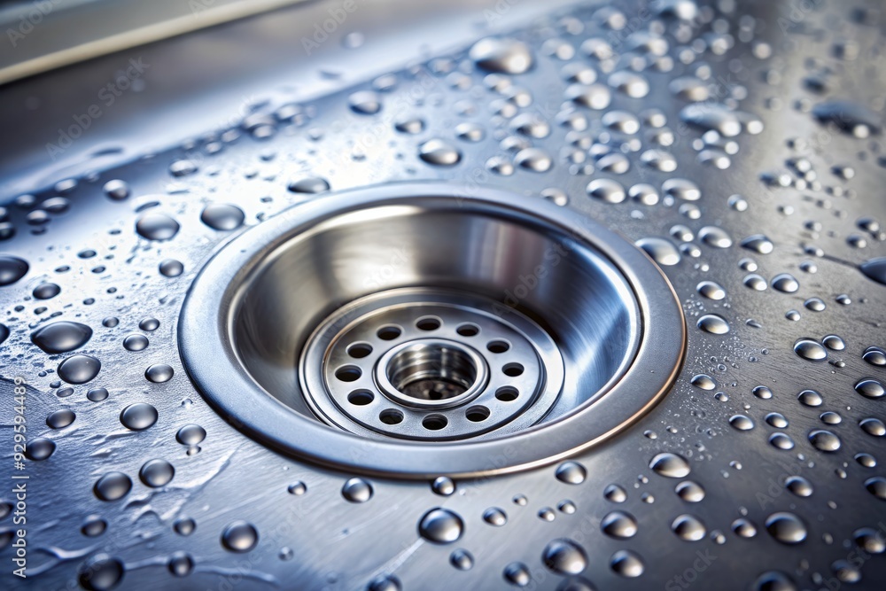 Shiny stainless steel kitchen sink drain with tiny water droplets glistening on its surface, reflecting light, against a clean and modern kitchen counter background. Shiny stainless steel kitchen sink drain with tiny water droplets glistening on its surface, reflecting light, against a clean and modern kitchen counter background.