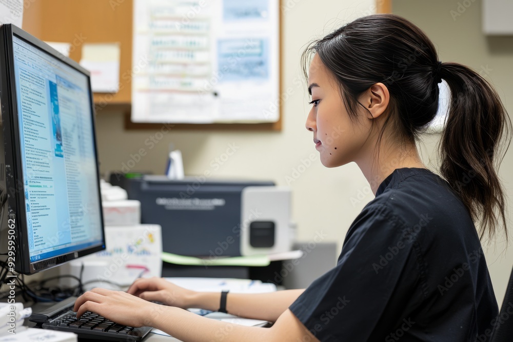 A medical student working on a detailed case report at a desk. They are typing on a computer and reviewing medical records A medical student working on a detailed case report at a desk. They are typing on a computer and reviewing medical records
