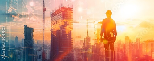 Construction Worker Silhouette Against City Skyline at Sunset