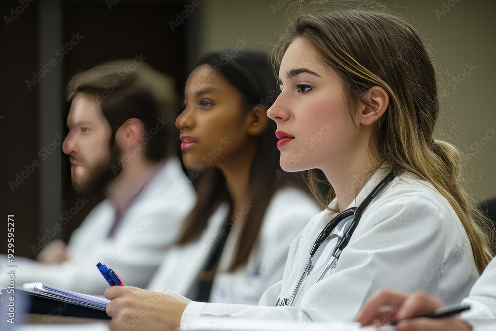 Medical students attending a lecture on pathology. They are taking notes and listening to the professor Medical students attending a lecture on pathology. They are taking notes and listening to the professor